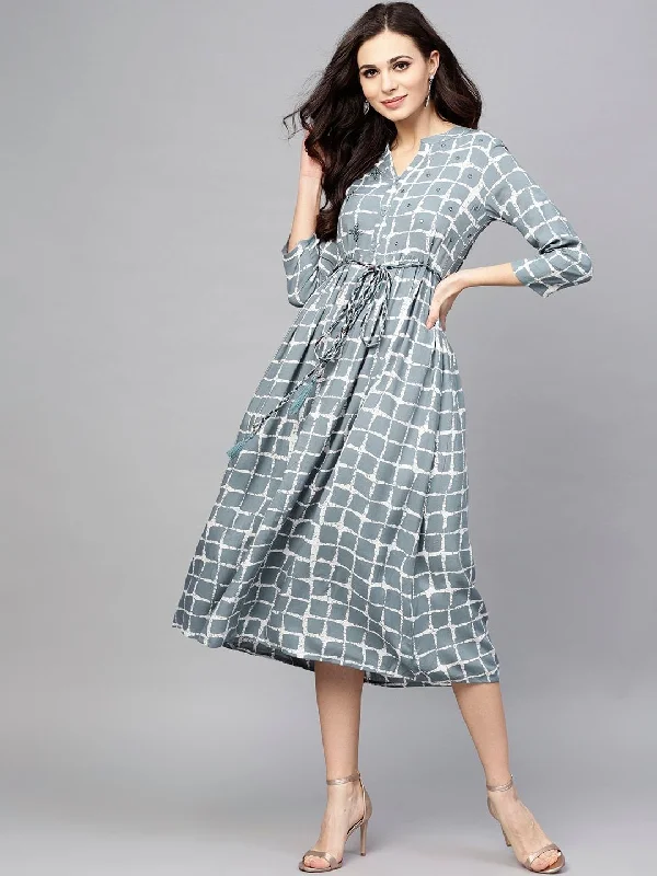 Women's  Grey Checked Midi Fit & Flare Dress - AKS Fashionable Fitted Midi Dress