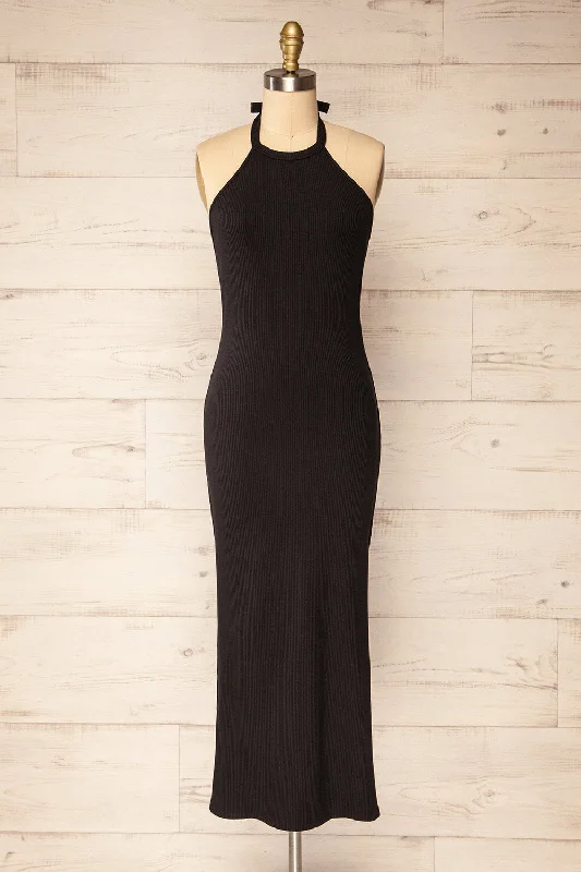 Anikara | Black Ribbed Midi Halter Dress Stylish Animal Print Midi Dress