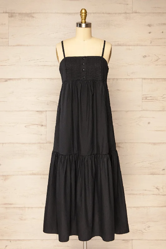Brocko | Midi Black Dress w/ Thin Straps Fashionable One-Shoulder Midi Dress