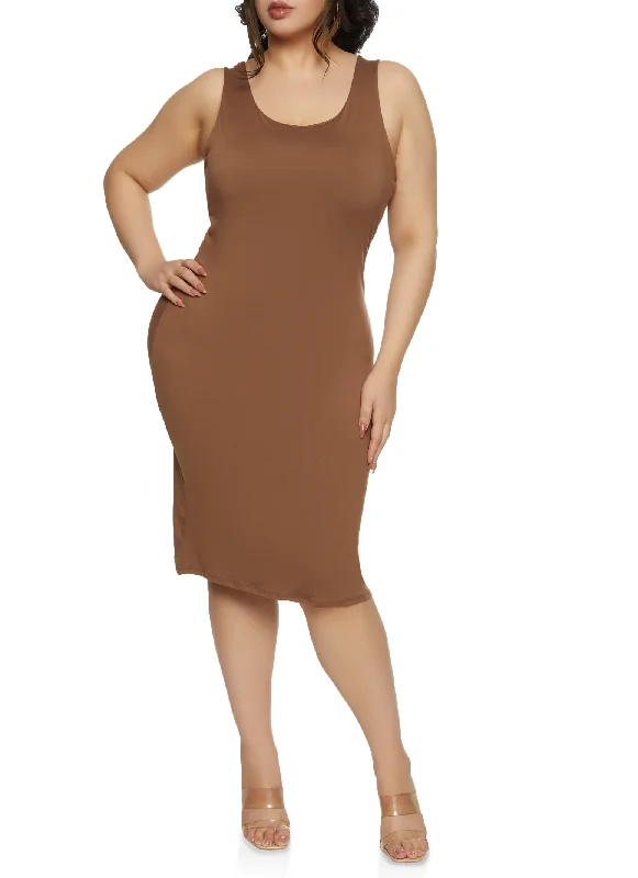Plus Size Basic Midi Tank Dress Trendy Smocked Waist Midi Dress