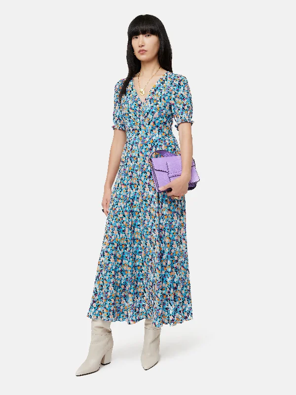 Carnation Midi Tea Dress | Blue Trendy Flared Sleeve Midi Dress