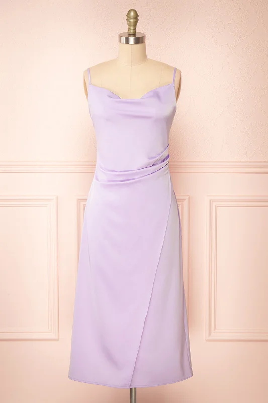 Chloe Lilac | Cowl Neck Satin Midi Slip Dress Cozy Midi Dress with Pockets