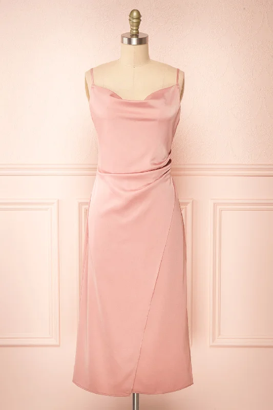Chloe Pink | Cowl Neck Satin Midi Slip Dress Trendy Off-Shoulder Ruffle Midi Dress