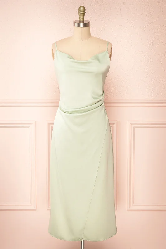 Chloe Sage | Cowl Neck Satin Midi Slip Dress Elegant Satin Slip Midi Dress