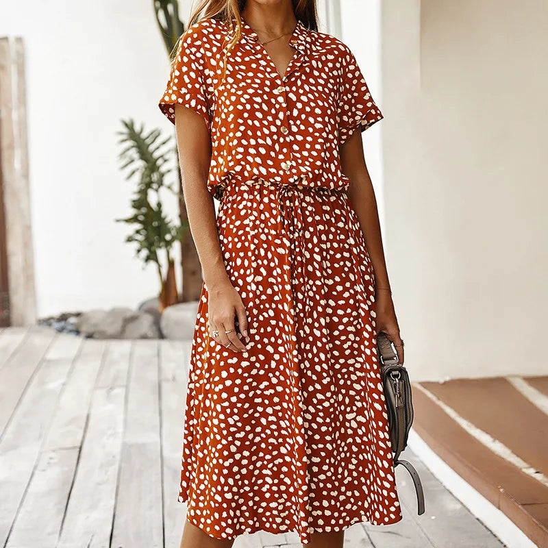Dots Print 2024 New Tunic Vintage Midi Casual Holiday Beach Boho Dress Comfortable Knitwear Midi Dress