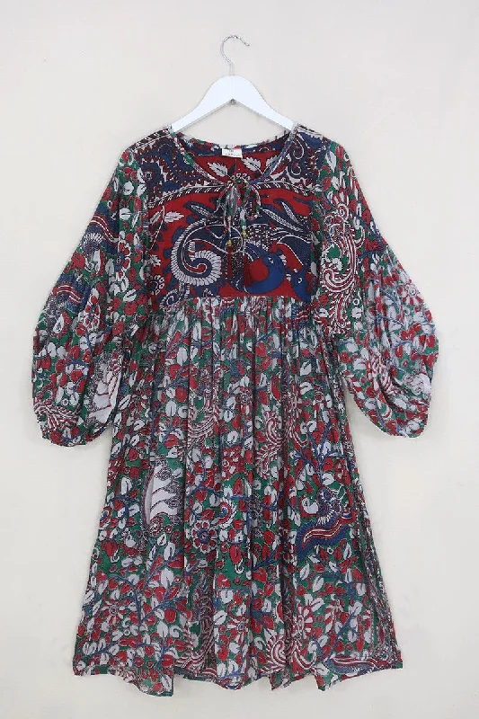 Daisy Midi Smock Dress - Emerald & Rouge Botanical Woodblock - Vintage Indian Cotton - Size S/M Trendy Ruffle Hem Midi Dress Daisy Midi Smock Dress - Emerald & Rouge Botanical Woodblock - Vintage Indian Cotton - Size S/M Trendy Ruffle Hem Midi Dress