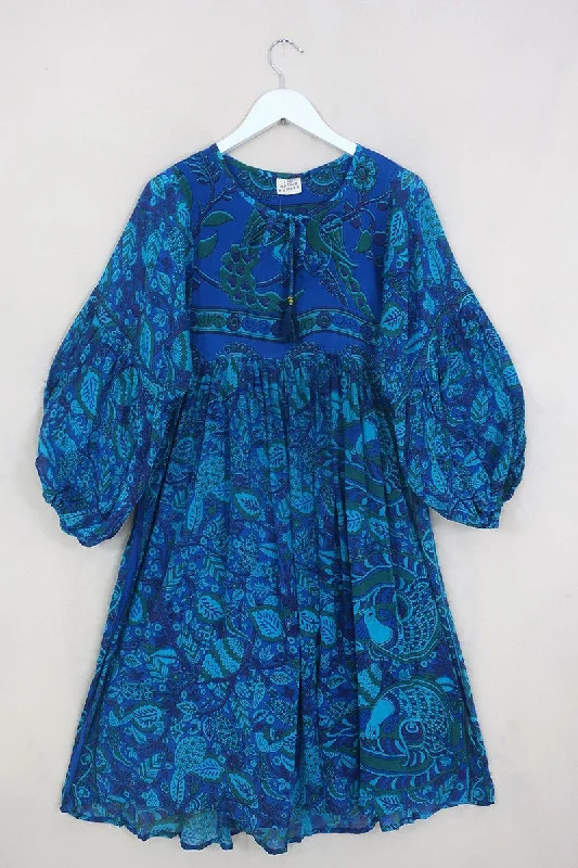 Daisy Midi Smock Dress - Sapphire Blue Stained Glass - Vintage Indian Cotton - Size S Trendy A-Line Midi Dress