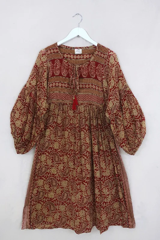 Daisy Midi Smock Dress - Scarlet Red & Chamomile Paisley - Vintage Indian Cotton - Size S/M Fashionable Pleated Midi Dress Daisy Midi Smock Dress - Scarlet Red & Chamomile Paisley - Vintage Indian Cotton - Size S/M Fashionable Pleated Midi Dress