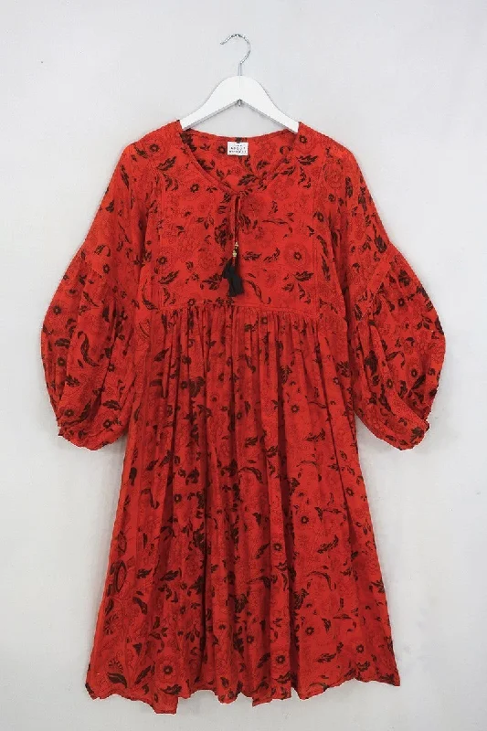 Daisy Midi Smock Dress - Marmalade & Jade Marigold Block Print - Vintage Indian Cotton - Size XS Elegant Floral Midi Dress