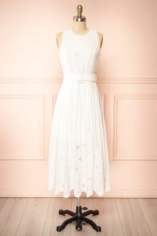 Danilynn | Midi White Openwork Dress w/ Belt Chic Lace Detail Midi Dress
