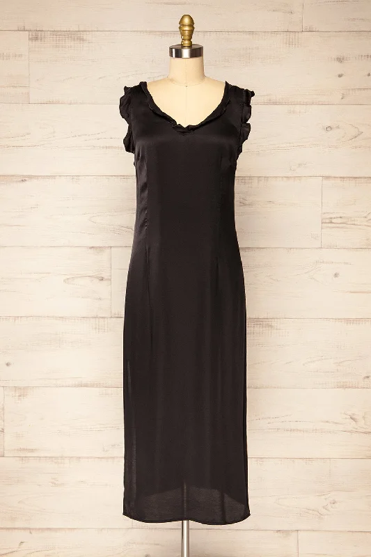 Drumburgh | Midi Black Dress w/ Ruffles Cozy A-Line Midi Dress