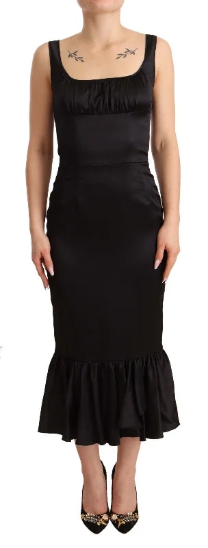 Elegant Black Silk Midi Sheath Dress Elegant Floral Skirt Midi Dress