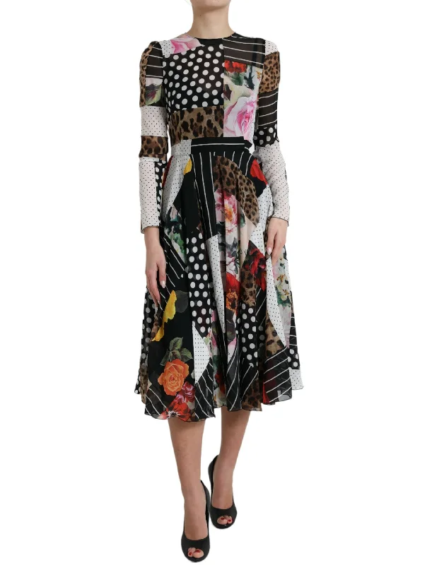 Elegant Patchwork Silk Midi A-Line Dress Comfortable Lace-Up Midi Dress