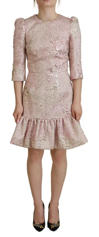 Elegant Pink Jacquard Midi Sheath Dress Trendy Mock Neck Midi Dress