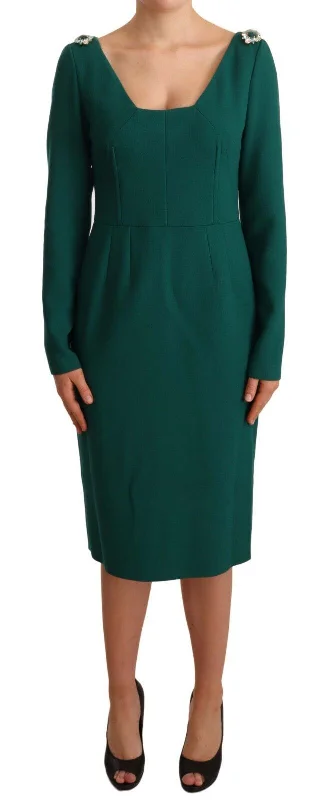 Emerald Green Midi Sheath Dress with Crystal Brooch Comfortable Adjustable Strap Midi Dress
