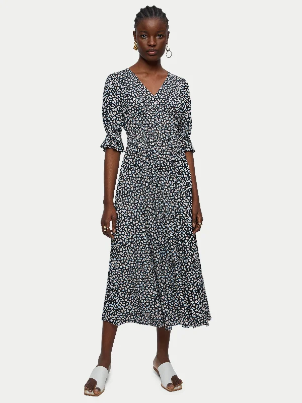 Honeycomb Ditsy Midi Tea Dress | Blue Elegant Sleeveless Midi Dress