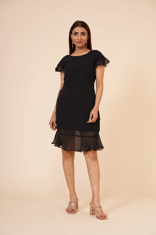 Women's Black Midi Casual Dress - MIRACOLOS by Ruchi Trendy Ruffle Hem Midi Dress