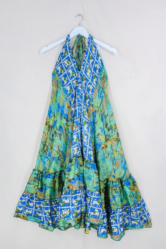 Blossom Midi Halter Dress - Abstract Blue Lions & Elephants - Free Size M/L-XXL Cozy T-shirt Midi Dress Blossom Midi Halter Dress - Abstract Blue Lions & Elephants - Free Size M/L-XXL Cozy T-shirt Midi Dress