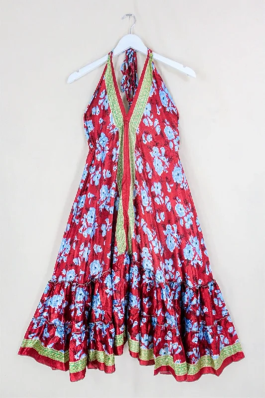 Blossom Midi Halter Dress - Cherry Red & Sky Blue Roses - Free Size XXL Trendy Midi Dress with Belt Blossom Midi Halter Dress - Cherry Red & Sky Blue Roses - Free Size XXL Trendy Midi Dress with Belt