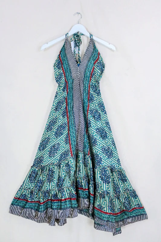 Blossom Midi Halter Dress - Turquoise & Sapphire Blue Stripes - Free Size S-L Elegant Sleeveless Midi Dress Blossom Midi Halter Dress - Turquoise & Sapphire Blue Stripes - Free Size S-L Elegant Sleeveless Midi Dress