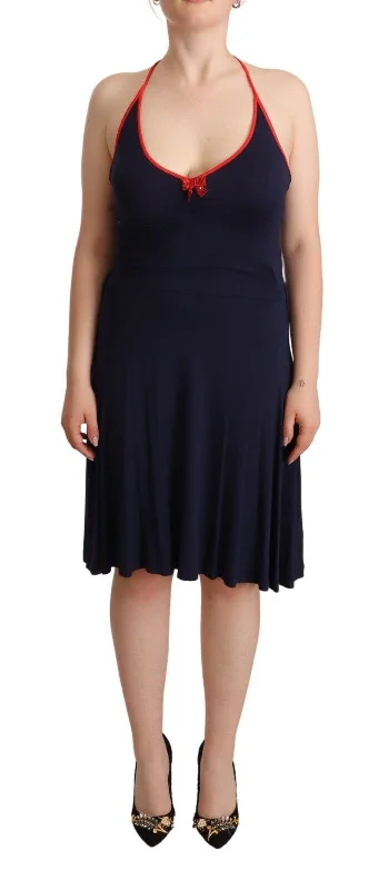 Navy Blue Cotton Midi Halter Dress Stylish Midi Dress with Cuffs