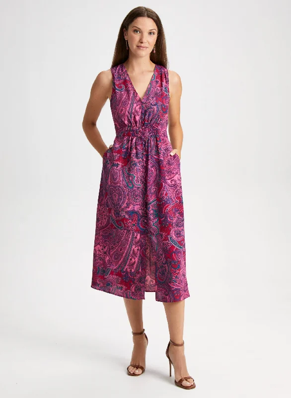 Paisley Print Midi Day Dress Comfortable Adjustable Strap Midi Dress