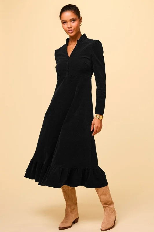 Percy Midi Stretch Corduroy Dress | Black Comfortable Casual Midi Dress