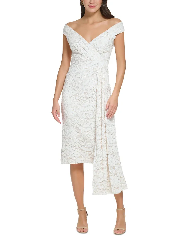 Petites Womens Lace Midi Sheath Dress Elegant Floral Appliqué Midi Dress