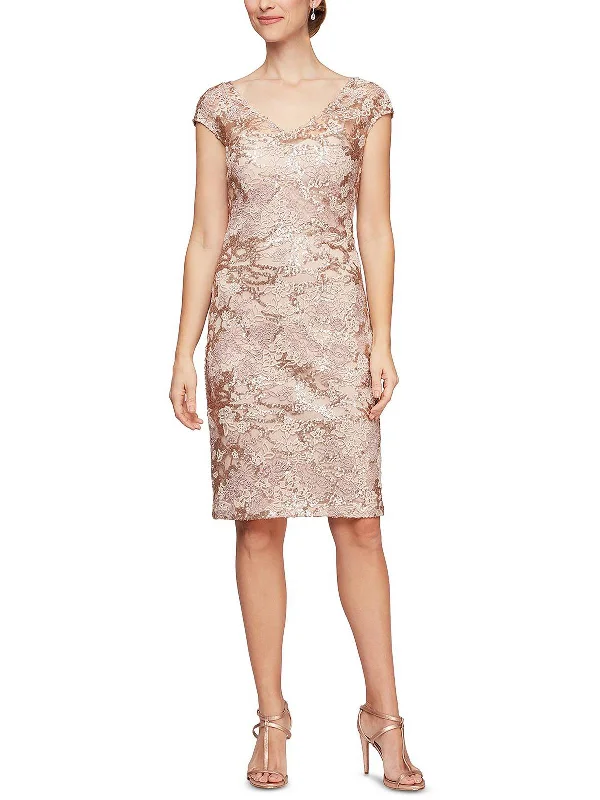 Petites Womens Lace Midi Sheath Dress Stylish Long Sleeve Floral Midi Dress