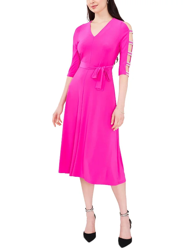 Petites Womens Stretch Midi Fit & Flare Dress Elegant Satin Midi Dress