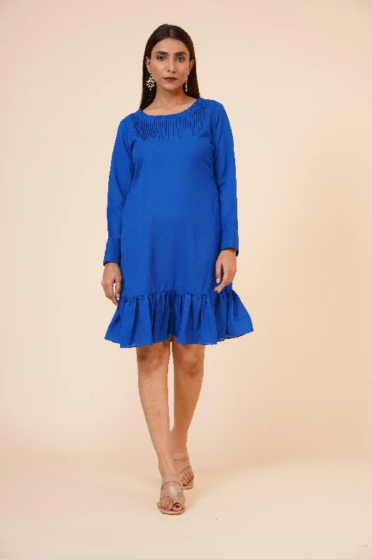 Women's Pin Tucks Georgette Midi Casual Dress Cobalt Blue - MIRACOLOS by Ruchi Fashionable Polka Dot Midi Dress