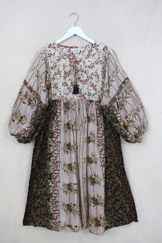 SALE Daisy Midi Smock Dress - Sakura Bloom & Mahogany - Vintage Indian Cotton - Size M/L Elegant V-Neck Midi Dress SALE Daisy Midi Smock Dress - Sakura Bloom & Mahogany - Vintage Indian Cotton - Size M/L Elegant V-Neck Midi Dress