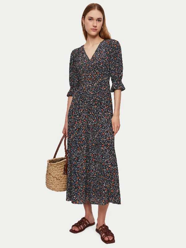 Stem Ditsy Midi Tea Dress | Navy Elegant Pleated Detail Midi Dress