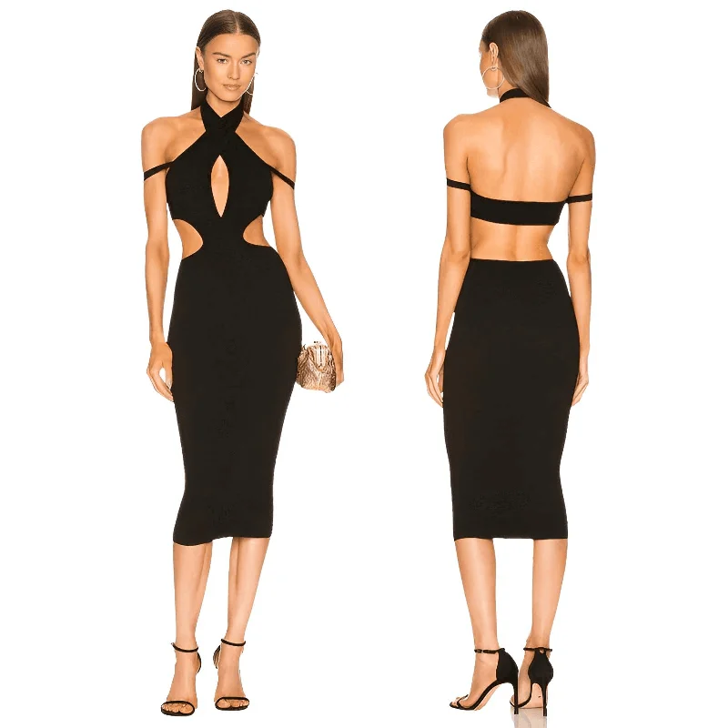 Women's Cut Out Halter Midi Black Bandage Dress Comfortable Denim Midi Dress