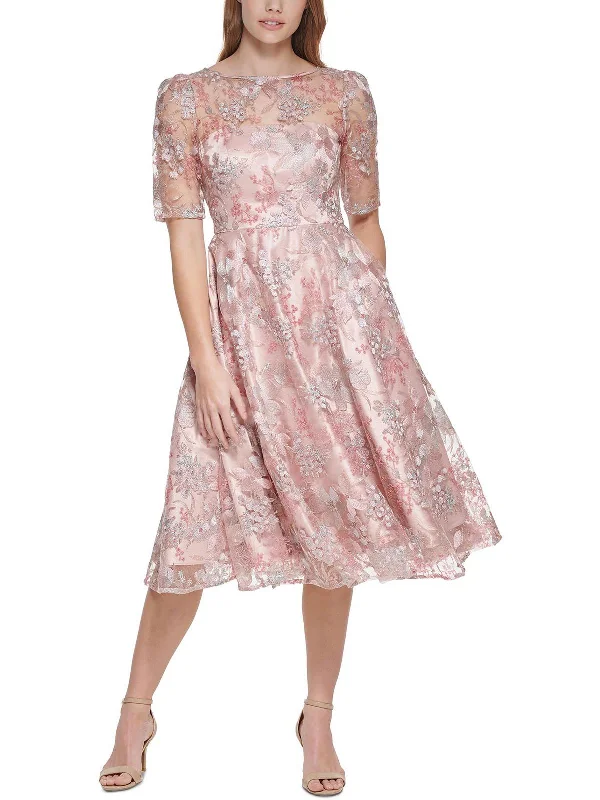 Womens Embroidered Midi Fit & Flare Dress Elegant Lace Trim Midi Dress