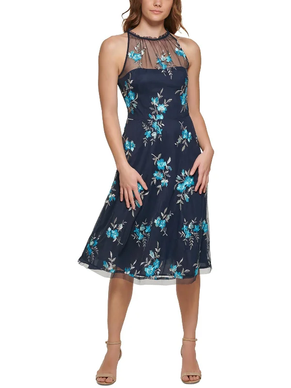 Womens Embroidered Midi Halter Dress Cozy Spaghetti Strap Midi Dress
