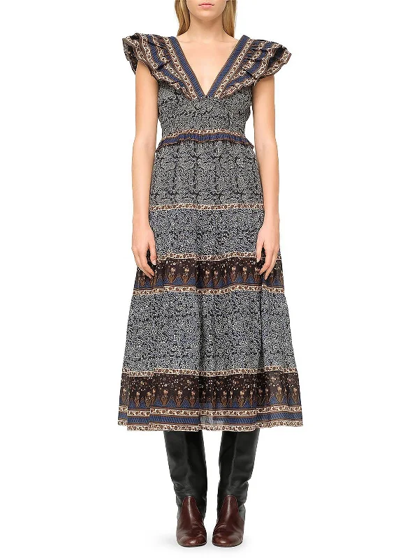 Womens Printed Midi Fit & Flare Dress Fashionable Casual Midi Dress