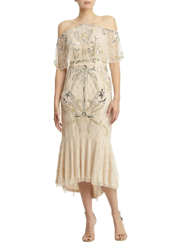 Womens Sequined Midi Cocktail Dress Trendy Off-Shoulder Button Midi Dress