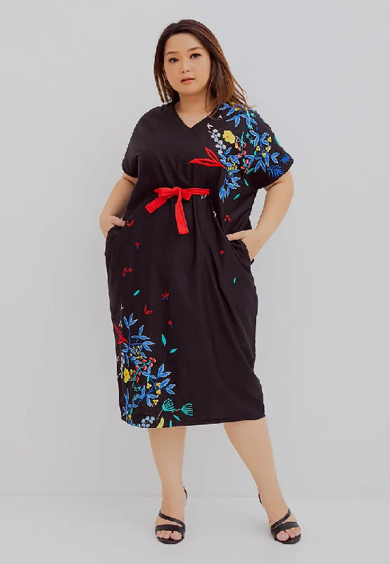 BLACK 花 HANA Embroidery Midi Kimono Dress Trendy Flared Sleeve Midi Dress