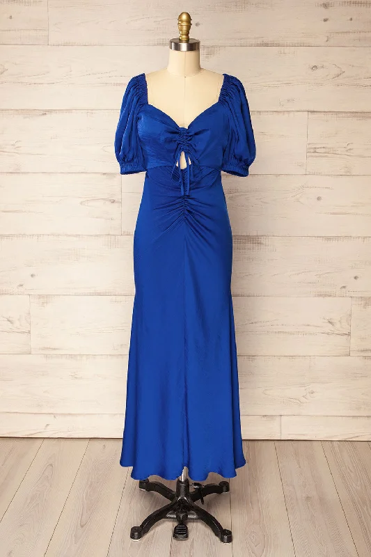 Chamonix | Midi Blue Dress w/ Ruched Details Comfortable Ribbed Midi Dress