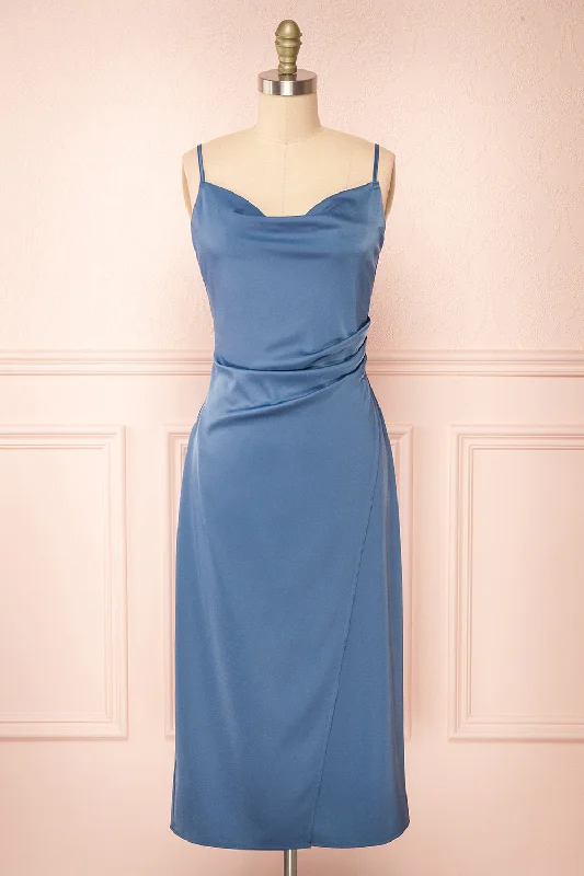 Chloe Blue | Cowl Neck Satin Midi Slip Dress Stylish Long Sleeve Floral Midi Dress