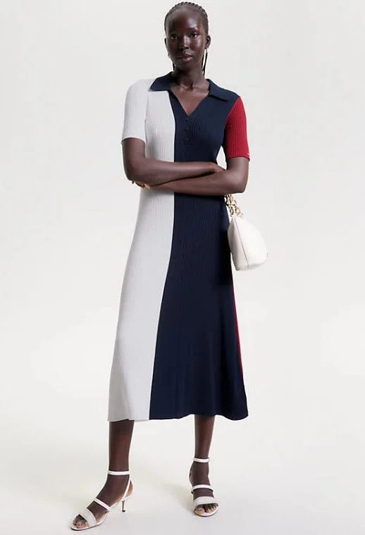 COLOUR-BLOCKED SLIM FIT MIDI POLO DRESS Trendy Off-Shoulder Ruffle Midi Dress