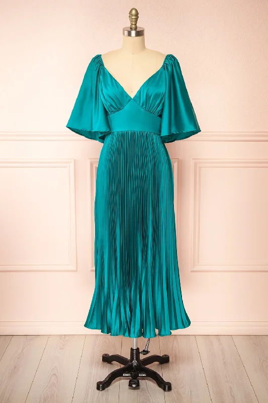 Elstree | Midi Pleated Teal Dress Stylish Off-Shoulder Ruffle Dress
