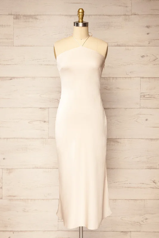 Fladnbury Beige | Satin Midi Halter Dress Comfortable Floral Print Midi Dress