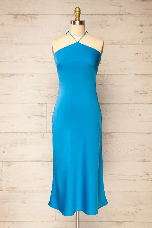 Fladnbury Blue | Satin Midi Halter Dress Stylish Satin Midi Dress