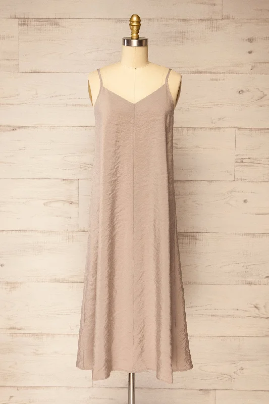 Ibertioga Taupe | Midi Slip Dress w/ V-Neckline Stylish Color Block Midi Dress