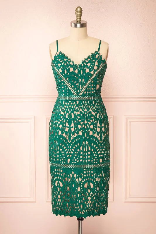Indira | Fitted Midi Green Crocheted Lace Dress Elegant Lace Trim Midi Dress