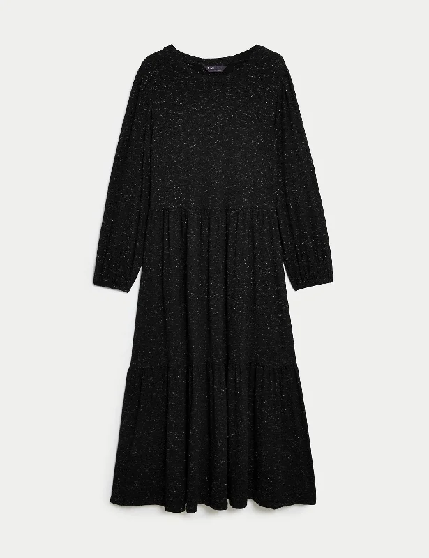 Jersey Sparkly Round Neck Midi Tiered Dress Cozy T-shirt Midi Dress