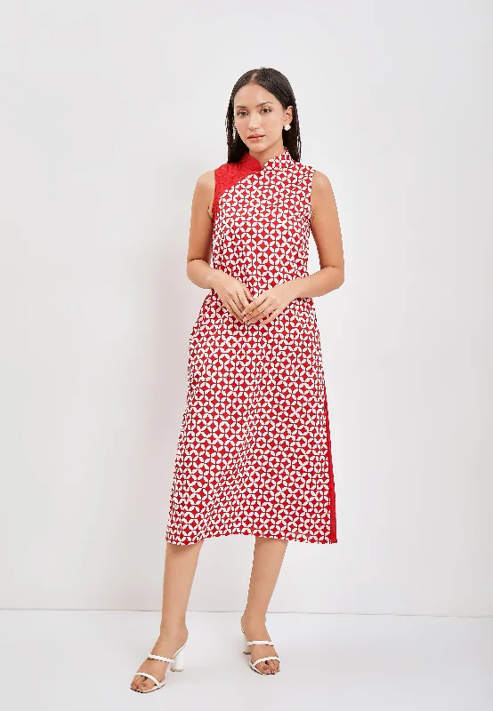 KAWUNG TILES RED Batik Midi Cheongsam Dress Fashionable High-Low Midi Dress
