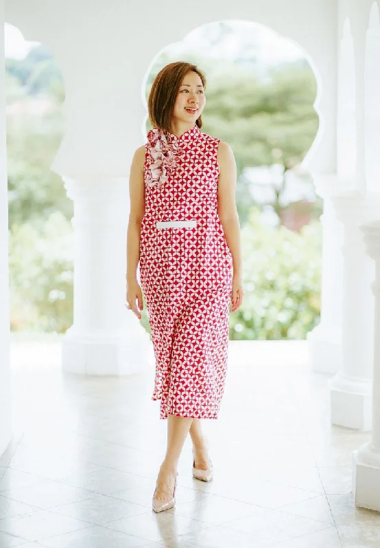 KAWUNG TILES Ruffles Red Batik Midi Cheongsam Dress Comfortable Ruched Midi Dress